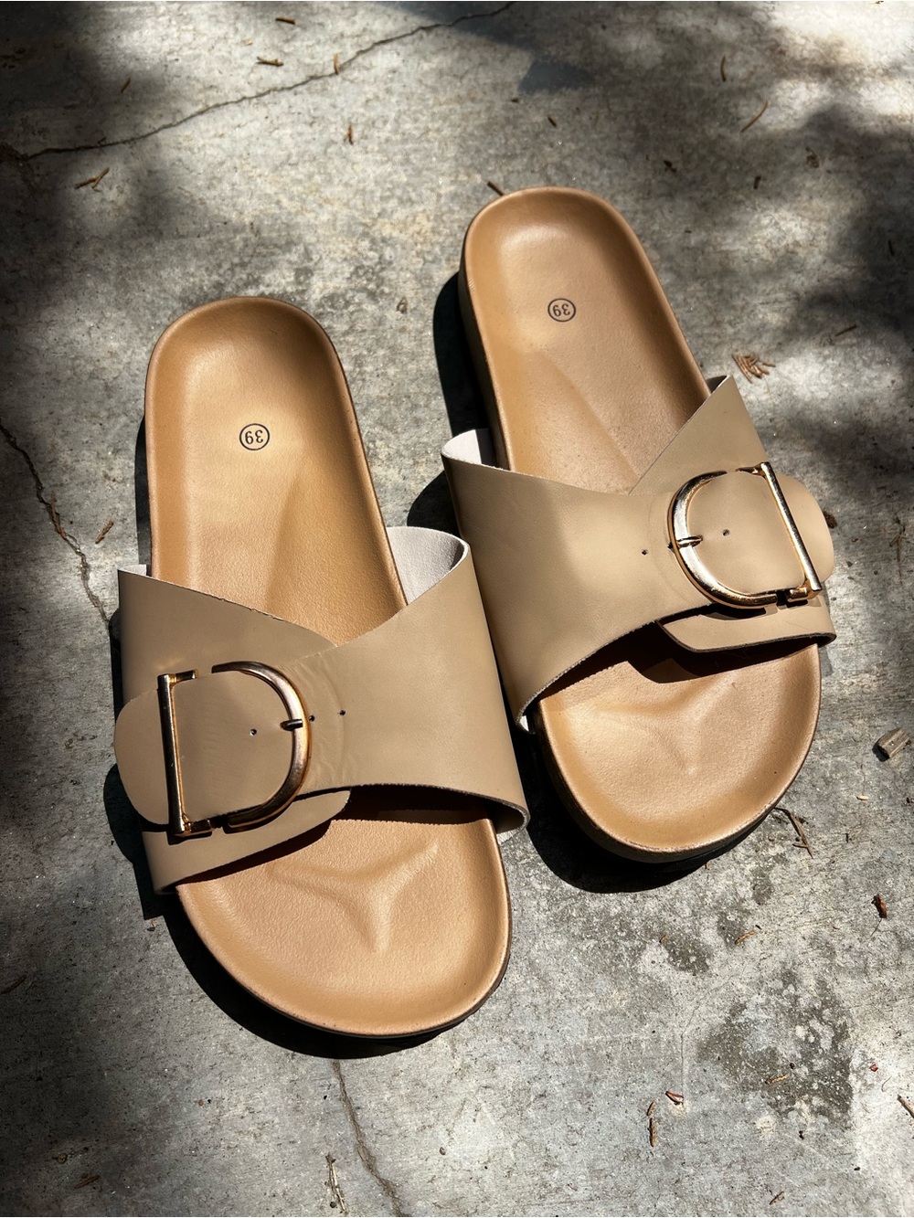 Women's Tan Slide Sandals with Buckle